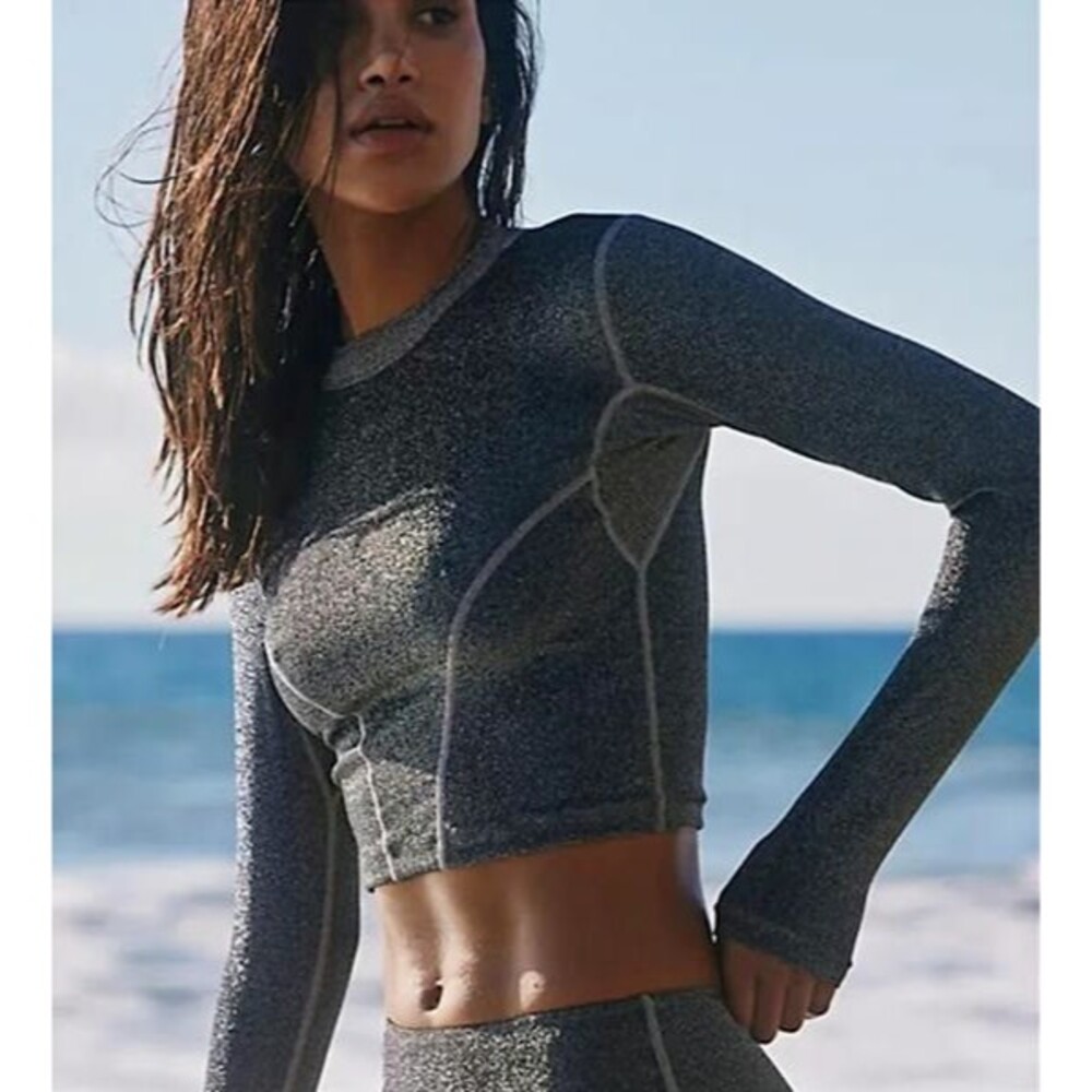 NWT Free People Atmosea Metallic Sparkle Surf Swim Rash Guard Beach Festival SM